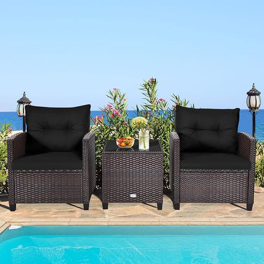 RELAX4LIFE 3 Piece Patio Furniture Set, Wicker Bistro Conversation Set w/ 2 Cushioned Armchairs & Glass Topped Table, Outdoor Rattan Sofa Set Patio Furniture for Porch Balcony Poolside (Black)