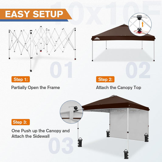 EAGLE PEAK Pop Up Canopy Tent with 1 Sidewall, Easy Setup Event Tent, Outdoor Sun Shade, Wheeled Carry Bag, Stakes and Guy Ropes, Instant Canopy 10x10, Brown