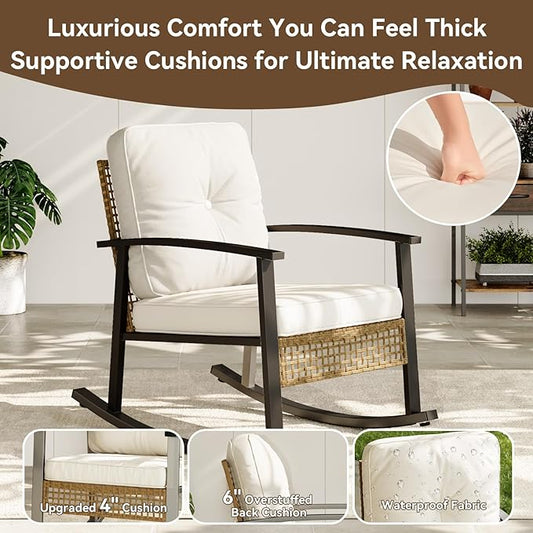 Aoxun 3-Piece Outdoor Rocking Bistro Set, Patio Furniture Set with Coffee Table and Thick Cushions, Wicker Rocking Chairs Set of 2 for Garden, Balcony, Backyard, Poolside (Beige)