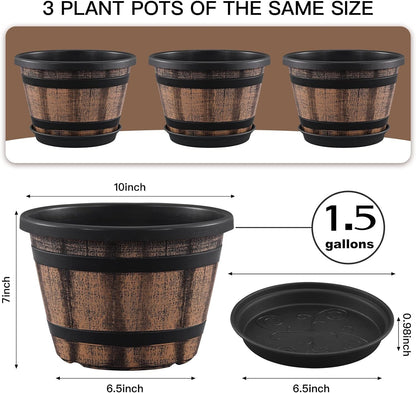 Quarut 3 Pack 10 inch Plant Pots,Whiskey Barrel Planters with Drainage Holes & Saucer, Plastic Decoration Flower Pots Imitation Wine Barrel Design, for Indoor & Outdoor Garden Home Plants (Brown)