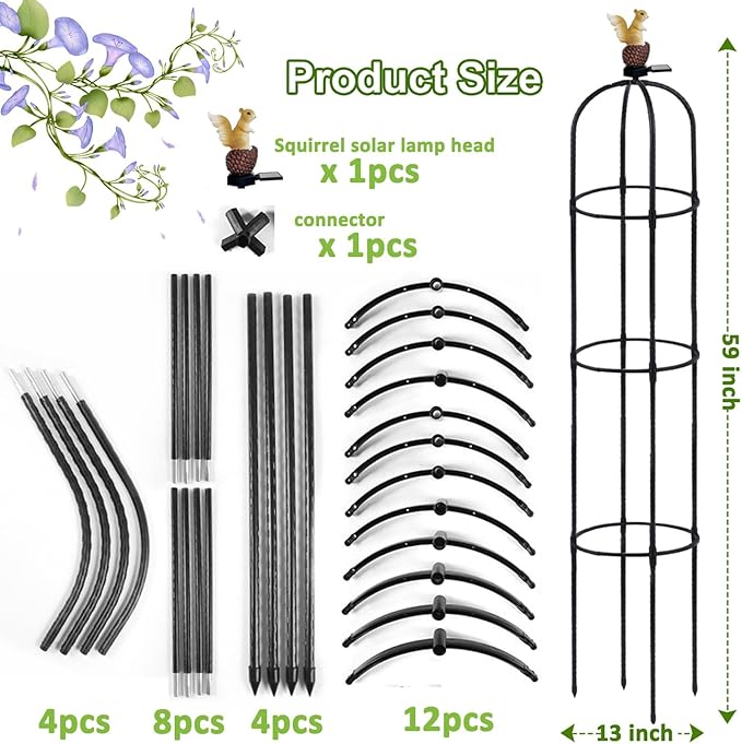 Garden Obelisk Trellis for Climbing Plants Outdoor, Rose Bush Round Trellis with Squirrel Head Auto Sensor Solar Light Tomato Plant Support for Raised Beds Vines Cucumbers Tomato Cage 59'' High,I Pack