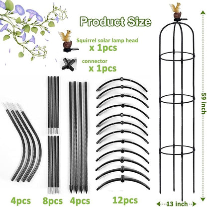 Garden Obelisk Trellis for Climbing Plants Outdoor, Rose Bush Round Trellis with Squirrel Head Auto Sensor Solar Light Tomato Plant Support for Raised Beds Vines Cucumbers Tomato Cage 59'' High,I Pack