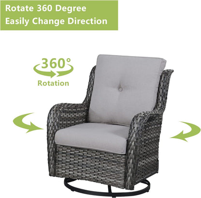 Outdoor Wicker Patio Furniture Set - 6 Piece Rattan Patio Conversation Set with 2 Rocking Swivel Chairs,2 Ottomans,1 Sofa and 1 Coffee Table for Porch Deck Backyard Garden(Mixed Grey/Grey)