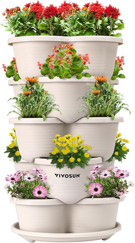 VIVOSUN 5 Tier Vertical Gardening Stackable Planter for Strawberries, Flowers, Herbs, Vegetables, Ivory