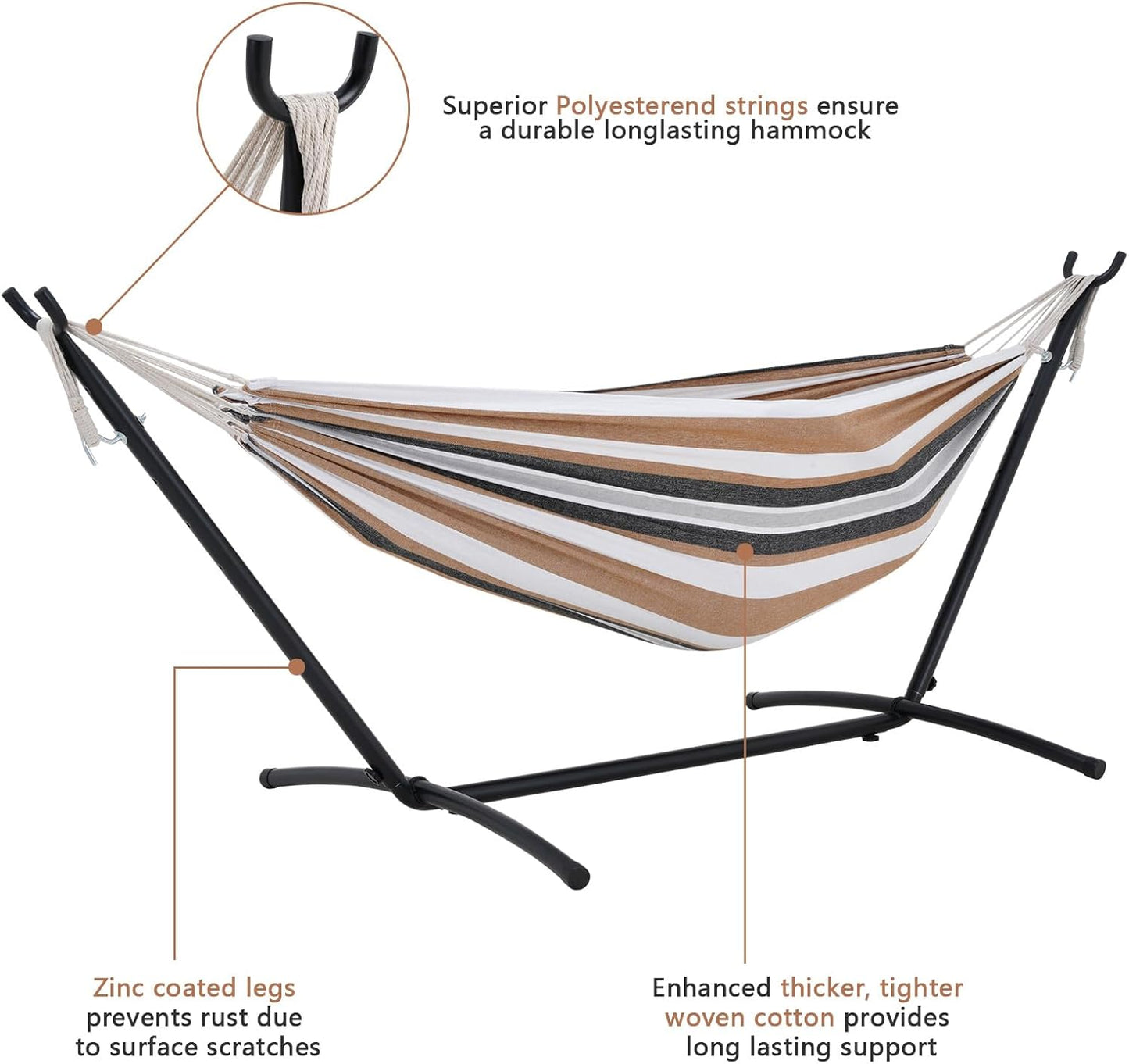 Double Hammock with Stand Included 450lb Capacity Space Saving Steel Stand,Premium Carry Bag Included,Suit for Outside,Indoor,Yard,Camping(Coffee).