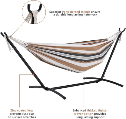 Double Hammock with Stand Included 450lb Capacity Space Saving Steel Stand,Premium Carry Bag Included,Suit for Outside,Indoor,Yard,Camping(Coffee).
