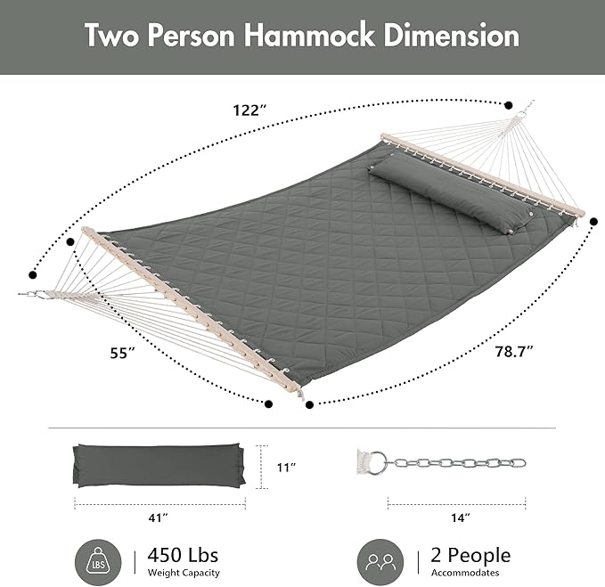 ANOW 2 Person Hammock with Spreader Bars and Detachable Pillow, Quilted Hammock for Outdoors Indoors, 450 LBS Weight Capacity, Gray