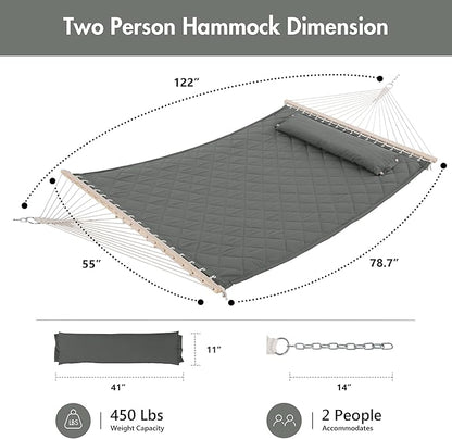 ANOW 2 Person Hammock with Spreader Bars and Detachable Pillow, Quilted Hammock for Outdoors Indoors, 450 LBS Weight Capacity, Gray