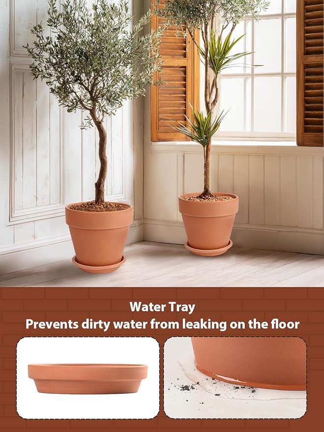 INGOFIN 12 Inch Terracotta Pot Set of 2 with Saucer - Ceramic Clay Pot for Plants with Drainage Hole, Large Terra Cotta Flower Planter with Tray for Indoor Outdoor Plants