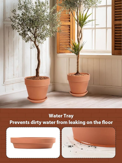 INGOFIN 12 Inch Terracotta Pot Set of 2 with Saucer - Ceramic Clay Pot for Plants with Drainage Hole, Large Terra Cotta Flower Planter with Tray for Indoor Outdoor Plants