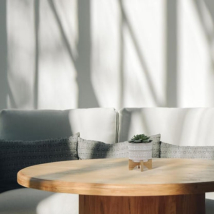 Sagebrook Home Ceramic Planter with Stand - Decorative Stoneware Plant Pot with Bamboo Wood Base - Boho Style Indoor & Outdoor Garden Decor for Home & Office - 8" Ivory & Tan