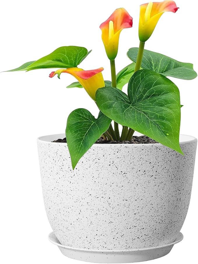 Plant Pots 12 inch, Plastic Planters with Drainage Holes and Saucers, Large Flower Pots for Indoor Outdoor Plants, Modern Decorative Pots for Garden House Plants, Speckled White