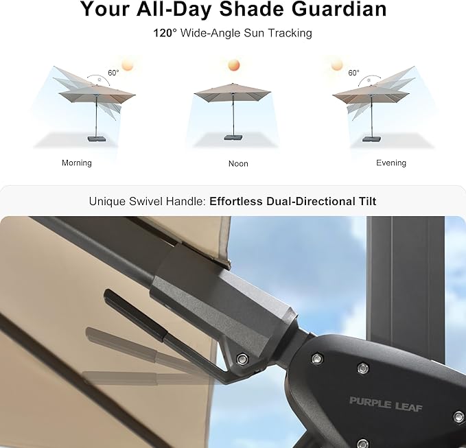 PURPLE LEAF 10 Feet Patio Umbrella Outdoor Cantilever Solar Powered LED Swivel Square Umbrella Aluminum Offset Umbrella with 360-degree Rotation for Garden Deck Pool Patio, Beige