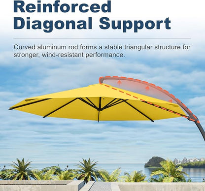 11FT Cantilever Umbrella with Base Large Curvy Outdoor Aluminum Offset Umbrella w/ 360° Rotation, UV Resistant Canopy for Patio, Garden, Backyard, Sunshine Yellow