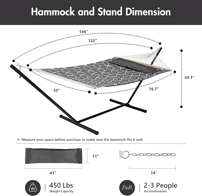 ANOW Double Hammock with Stand Included, 2 Person Hammock with Stand for Outside, 450 LBS Weight Capacity, Gray Cube
