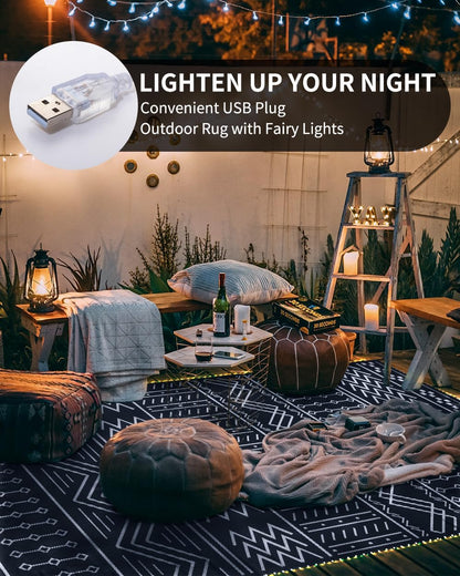 Outdoor Rug Carpet Waterproof 8x10 ft with LED Strip Lights-Patio Rug Mat Indoor Outdoor Rug for RV Camping Picnic Reversible Lightweight Plastic Straw Outside Rug for Patio Decor Decoration Boho Rug