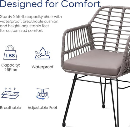 3 Piece Wicker Patio Bistro Furniture Set, Includes 2 Rattan Chairs and Glass Top Table, Ideal for Porch, Outdoor, Backyard, Apartment, Balcony, Grey