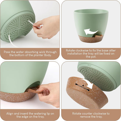 Plant Pots 10/9/8/7.5/7 inch, Self Watering Planters with Drainage Holes & Saucers for Indoor and Outdoor Plants (Green)
