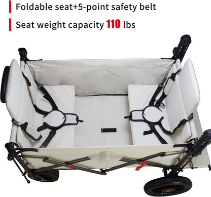 TMZ Collapsible Foldable Wagon Cart with Quick-Release Wheels and 2 Seats, Heavy Duty Wagon 265LBS Load Capacity for Camping Garden Shopping (Beige)