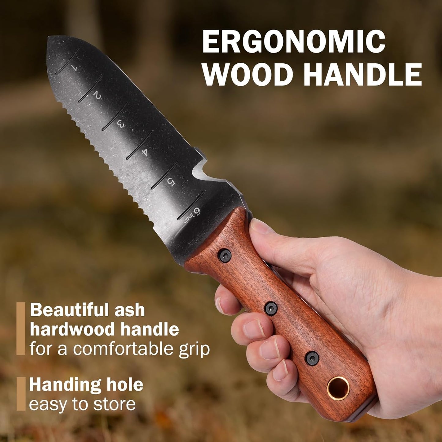 Hori Hori Garden Knife, Garden Tools with Sheath for Weeding,Planting,Digging, 7" Stainless Steel Blade with Cutting Edge, Full-Tang Rosewood Handle with Hanging Hole