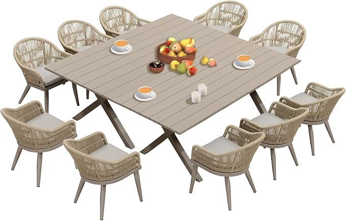 PURPLE LEAF 12 Pieces Patio Dining Set with Outdoor Aluminium Dining Table and Woven Chairs Modern Metal Furniture Cushions Sets for Garden Yard Indoor Decor Kitchen Champagne