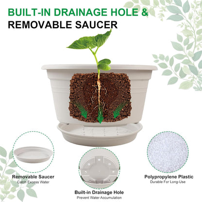 Large 4 Pack 13 inch Plant Pots, Round Plastic Pots for Plants, Outdoor Planters with Drainage Hole & Tray Saucer, Decoration Large Flower Pots for Indoor Outdoor Garden Home Plants (Beige)