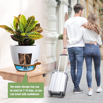 Large Self Watering Pots, 12/10/9 Plastic Planters with High Drainage Holes and Deep Reservoir for Indoor Outdoor Garden Plants and Flowers, White with Brown