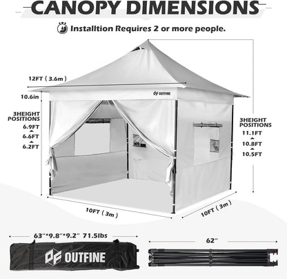 OUTFINE 12×12 Pop Up Canopy-Heavy Duty Canopy Tent with Sturdy Metal Frame(10×10 Base) Reinforced with Steel Cables, Roller Bag, Sidewall×4 for Exhibition, Party&Backyard (White, 12 * 12FT Pro)