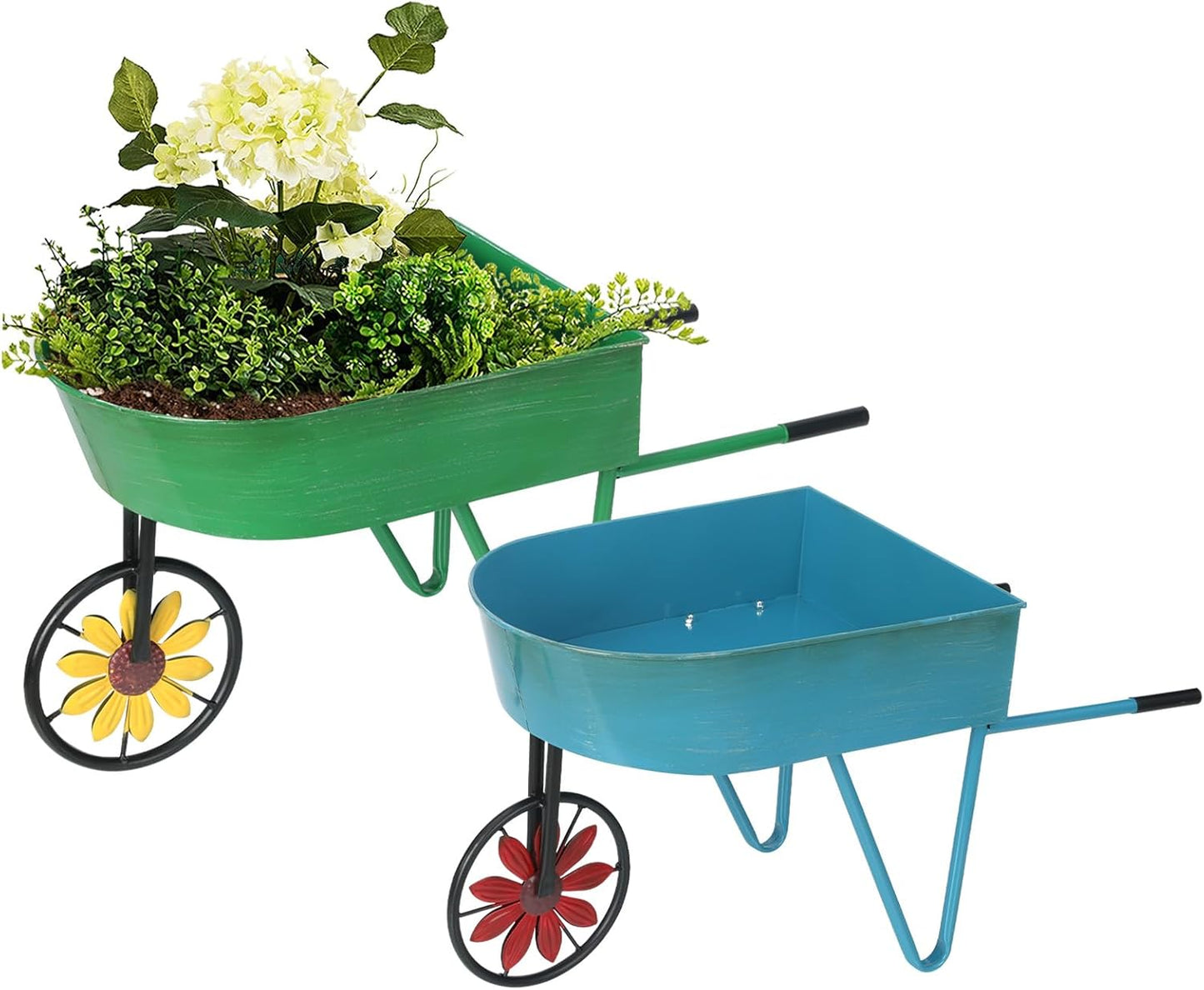 BAYN Metal Wheelbarrow Flower Cart Planter, 2 Packs Plant Stands with Triangular Support Handles Non-Rolling Wheel Vintage Wagon Planter Pots for Home Patio Garden Backyard Rustic Outdoor Decor