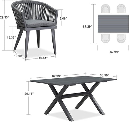 PURPLE LEAF 5 Pieces Outdoor Dining Set with Patio Aluminium Dining Table and Wicker Chairs Modern Furniture Cushions Sets for Backyard Indoor Decor Kitchen Gray