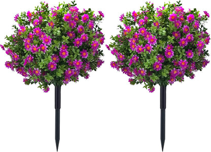 23.6" Artificial Boxwood Topiary Ball Trees with Purple Flowers, Set of 2 UV Resistant No Fade Outdoor Faux Plants with Ground Spike, Fake Shrubs for Garden, Patio, Porch, Yard, Indoor Decor