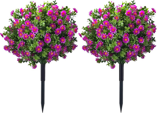 23.6" Artificial Boxwood Topiary Ball Trees with Purple Flowers, Set of 2 UV Resistant No Fade Outdoor Faux Plants with Ground Spike, Fake Shrubs for Garden, Patio, Porch, Yard, Indoor Decor