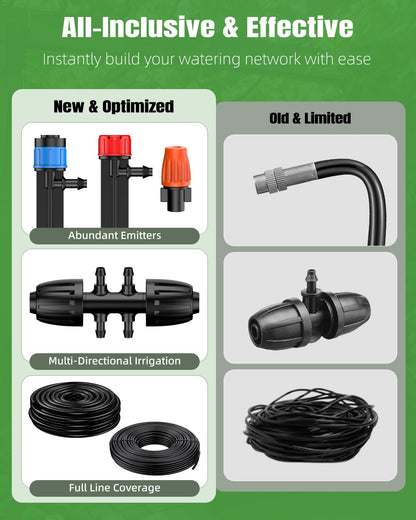 Pawfly 240 ft Drip Irrigation System for Garden, Drip Irrigation Kit with 40ft 1/2" & 200ft 1/4" Tubing Adjustable Emitters Fittings and Accessories, Garden Watering System for Greenhouse Lawn Yard