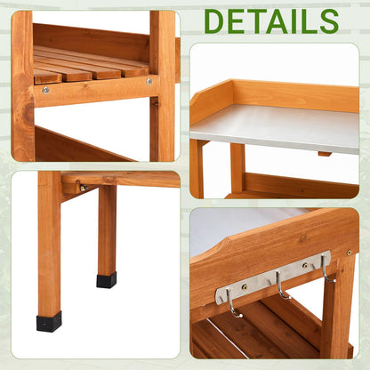 Outdoor Potting Bench Garden Work Station, Solid Wood Planting Table w/Sink Drawer Shelves,Metal Top, Folding Patio Furniture for Porch Balcony (29.1 x 14.2 x 35.6(Orange Yellow))