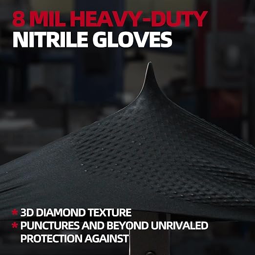 Jointown Basic Heavy Duty Nitrile Gloves, Mechanic Gloves 8 Mil Nitrile Disposable, with Raised Diamond Texture, Case of 500, Black, XLarge