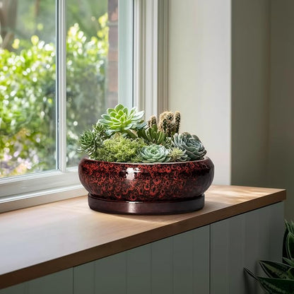 Bonsai Pots with Drainage Hole - 13 Inch Ceramic Succulent Pots, Large Succulent Planter with Saucer, Shallow Planter Indoor Outdoor, Round Planter Bowl, Apartment Decor, Garden Gifts, Red