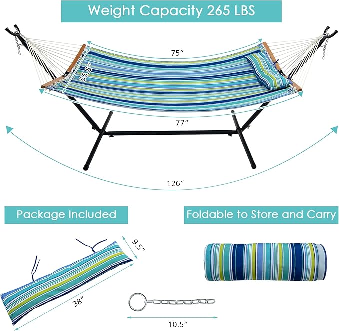 Tangkula 10.5FT Double Hammock, Heavy Duty Outdoor Hammock with Curved Spreader Bars, Detachable Pillow, 2 Person Hammocks for Outside, Porch, Patio (Stand is not Included) (Blue+Green)
