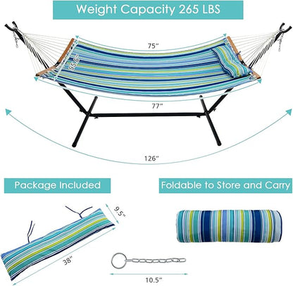 Tangkula 10.5FT Double Hammock, Heavy Duty Outdoor Hammock with Curved Spreader Bars, Detachable Pillow, 2 Person Hammocks for Outside, Porch, Patio (Stand is not Included) (Blue+Green)