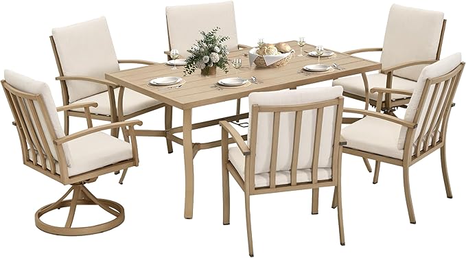 HAPPATIO 7 Piece Patio Dining Set, Aluminum Outdoor Dining Set for 6, Patio Furniture Sets, 2 Swivel Dining Chairs, 4 Dining Chairs, Aluminum Furniture Set for Patio, Yard (Beige)