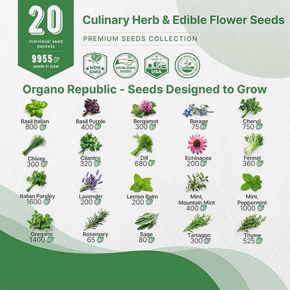 20 Culinary Herbs & Edible Flower Seed Variety Pack for Planting Indoor & Outdoors. 9500+ Non-GMO Heirloom Flower Seeds: Basil, Borage, Echinacea, Lavender, Oregano, Rosemary Seeds & More