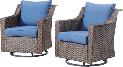 Outdoor Patio Wicker Swivel Chairs - Set of 2 Outside Resin Rattan Rocker Glider Gliding Chair Rocking Armchairs for Front Porch Balcony Backyard Yard Deck Poolside Apartment – Brown/Blue