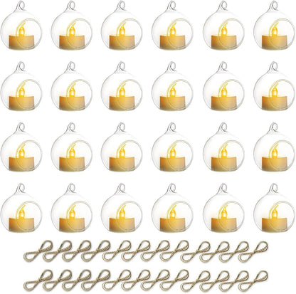 NUPTIO Hanging TeaLight Candle Holder: 24Pcs 2.36in Tree Tea Light Holders with LED Candles Small Glass Globes Ornament Clear Round Mini Terrarium Containers for Wedding Party Tree Decoration