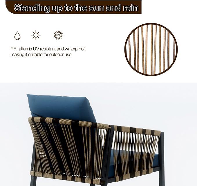 DECMICO 3-Piece Outdoor Wicker Patio Conversation Set, Rocking Bistro Chairs with Round Coffee Table for Small Space Balcony Backyard Garden, Blue