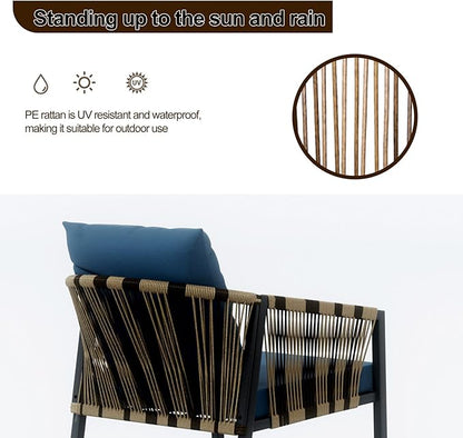 DECMICO 3-Piece Outdoor Wicker Patio Conversation Set, Rocking Bistro Chairs with Round Coffee Table for Small Space Balcony Backyard Garden, Blue