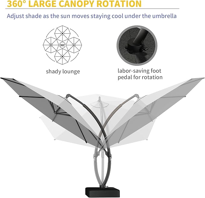 Kingdura 11ft Offset Cantilever Patio Umbrella with Base Included, Large Round Aluminum Outdoor Umbrella, 360° Rotation & Infinite Tilt, Heavy Duty Frame for Deck Pool Backyard, Light grey