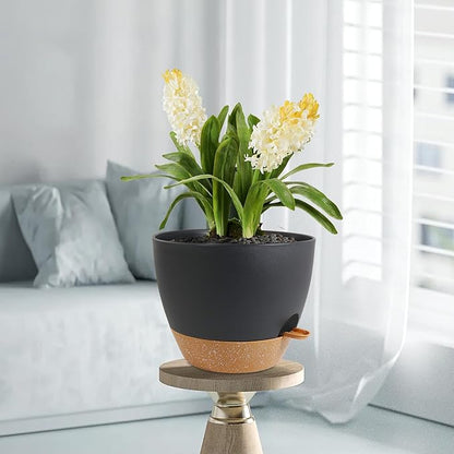 12 inch Large Self Watering Pots, Plant Pots with Mesh Drainage Holes for Indoor Outdoor Plants, Plastic Planters with Deep Reservoir for Garden House Flower Plants, Black with Brown