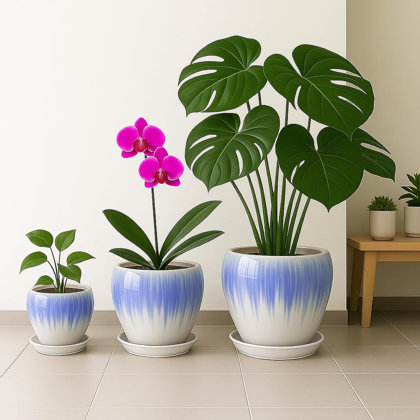 Deep Dream 8 Inch Plant Pots- Ceramic Pots for Plants with Drainage Hole and Saucer, Large Planter Pot for Indoor Plants Outdoor Decor, White&Blue