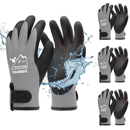 toolant 100% Waterproof Gloves Bulk Pack, 3 Pairs, Winter Work Gloves for Cold Weather, Touchsreen, Warm Freezer Gloves, Thermal Insulated, With Grip, Grey, Medium