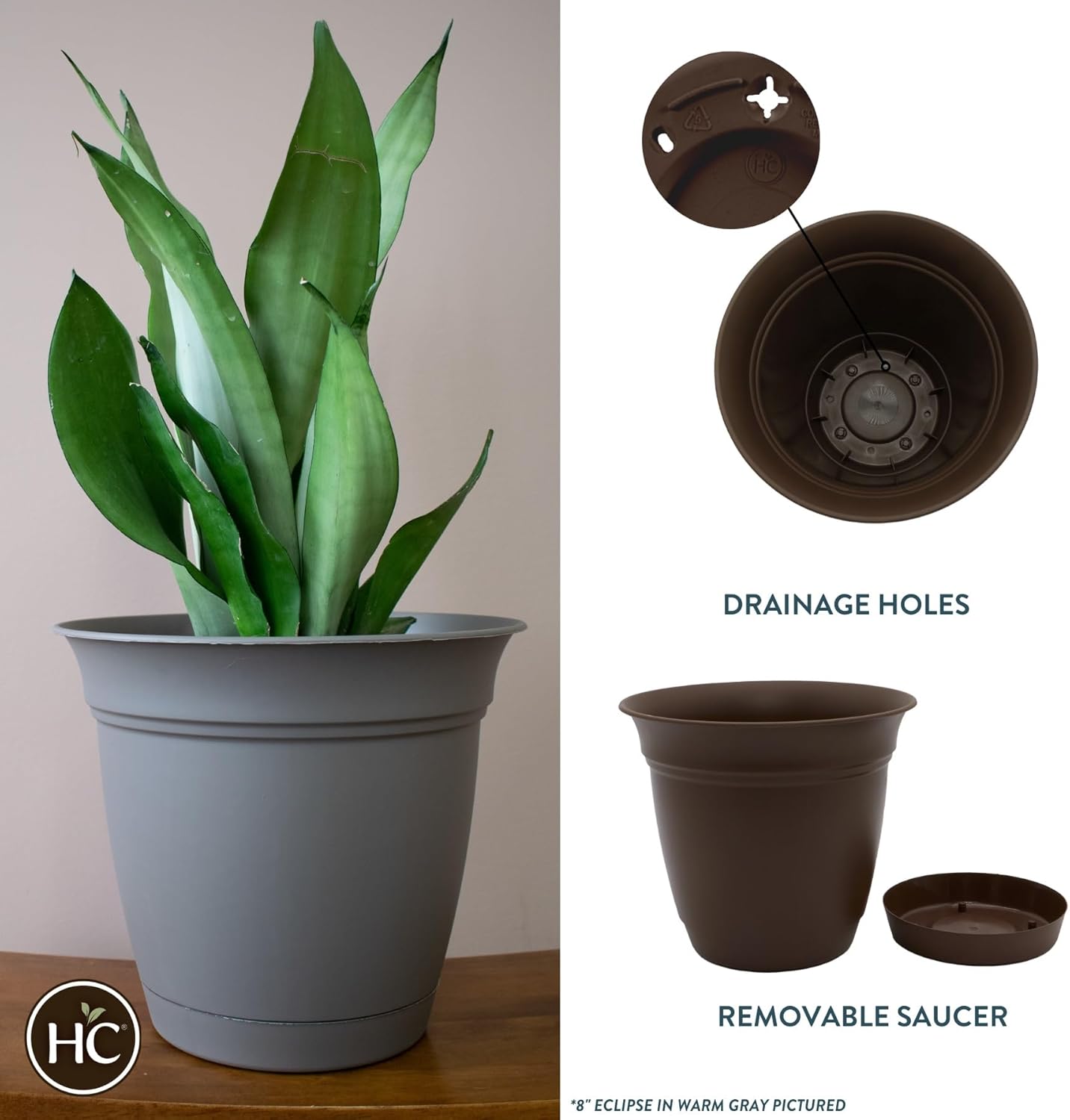 The HC Companies Eclipse Round Planter with Saucer - Outdoor & Indoor Plant Pot with Drainage Holes - Lightweight, UV-Resistant Plastic Pots for Plants, Flowers & Herbs (10" Chocolate, Pack of 1)