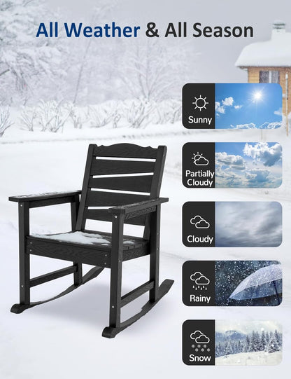 Patio Rocking Chairs Set of 2, Weatherproof HIPS Outdoor Rocking Chair for Adults, 400LBS Support Heavy Duty Porch Rocking Chairs for Garden, Lawn, Backyard, Outdoor and Indoor (Black)